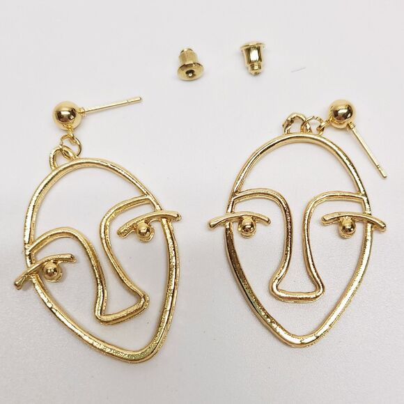 Gold Abstract Picasso Face Earrings Modern Art Statement Dangle Jewelry 2" - Picture 1 of 2